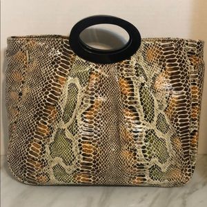 Snake skin embossed canvas handbag
